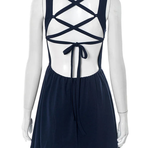 Load image into Gallery viewer, Backless Lace-up Sexy Mini Dress Women Robe Fashion O Neck Sleeveless High Waist A-line Club Party Dress Elegant
