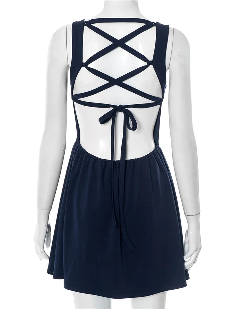 Backless Lace-up Sexy Mini Dress Women Robe Fashion O Neck Sleeveless High Waist A-line Club Party Dress Elegant