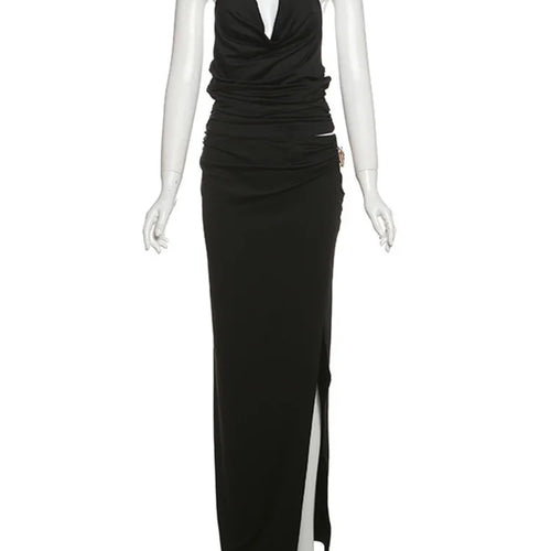 Load image into Gallery viewer, Sexy Sleeveless Skirt Two Pieces Sets For Women Metal Buckle Backless Tops And Thigh Split Long Skirt Two Pieces Sets
