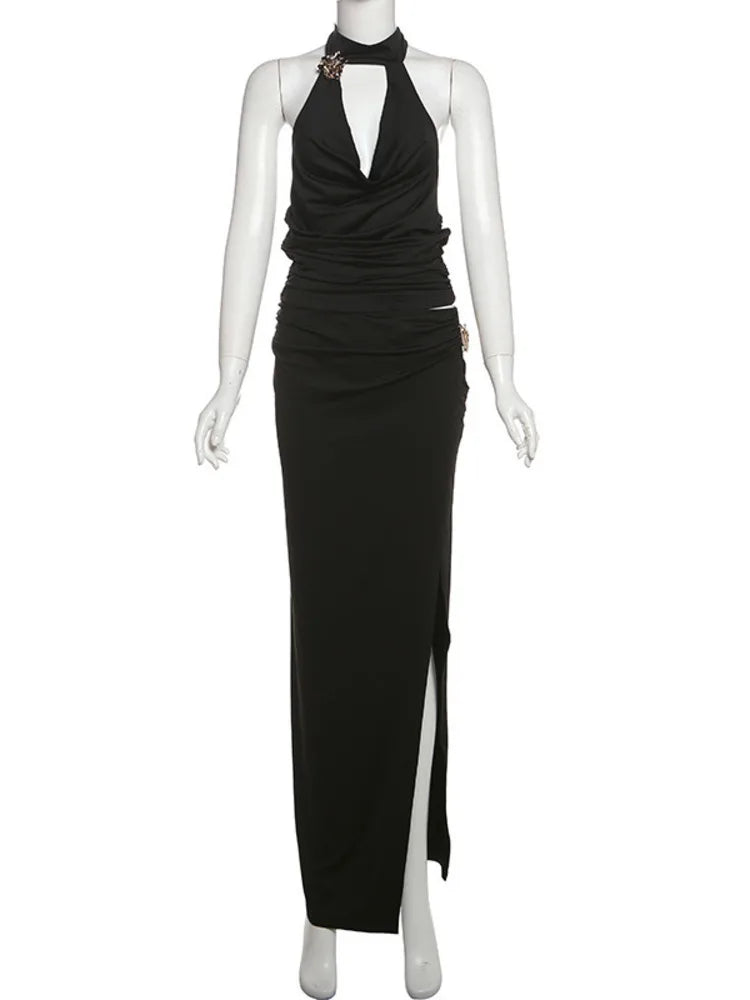 Sexy Sleeveless Skirt Two Pieces Sets For Women Metal Buckle Backless Tops And Thigh Split Long Skirt Two Pieces Sets