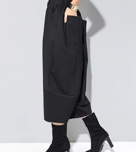 Spring Autumn High Elastic Waist Black Loose Big Pocket Brief Loose Harem Pants Women Trousers Fashion Tide JQ012