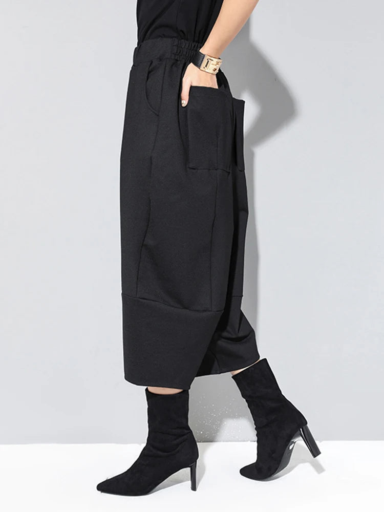 Spring Autumn High Elastic Waist Black Loose Big Pocket Brief Loose Harem Pants Women Trousers Fashion Tide JQ012