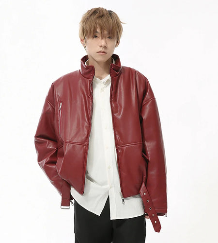 High Street Men's Padded Coats PU Leather Belt Stand Collar Zipper Patchwork Solid Color Casual Thick Male Jackets 9C8738