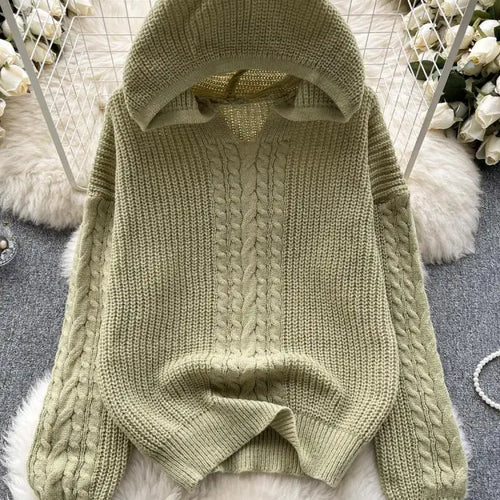 Load image into Gallery viewer, Korean Women Black Twists Hooded Knitted Sweater Fashion Blue Loose Long Sleeve Lady Green Pullovers Tops Casual Autumn Winter

