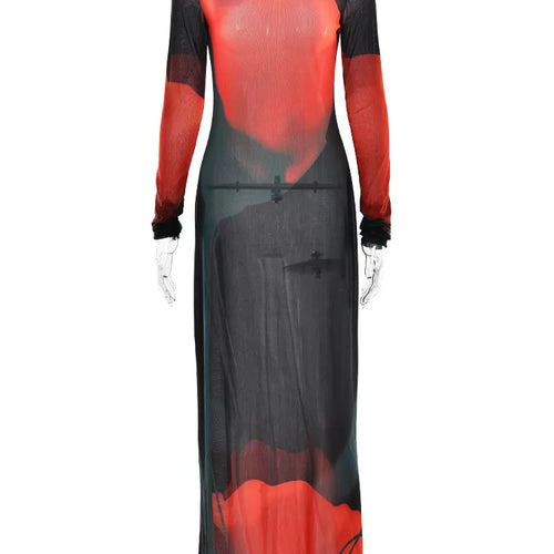 Load image into Gallery viewer, Fashion Printed Long Sleeve Mesh Patchwork Dress Women Sexy Perspective Vestido Elegant Slimming Holiday Clothing 2025
