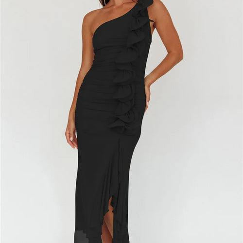 Load image into Gallery viewer, One Shoulder Draped Ruffle Maxi Dress Women Gown Fashion Diagonal Collar Backless Sleeveless Split Long Dress Elegant
