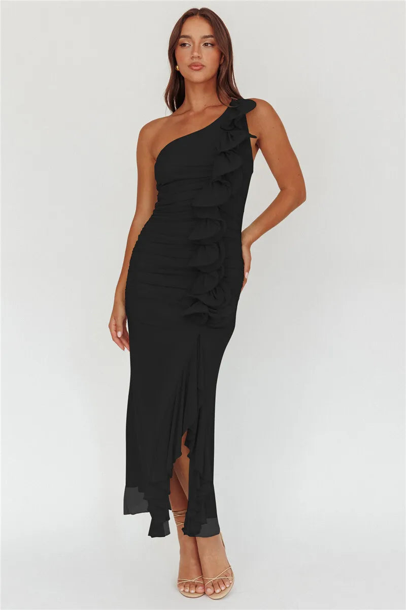 One Shoulder Draped Ruffle Maxi Dress Women Gown Fashion Diagonal Collar Backless Sleeveless Split Long Dress Elegant