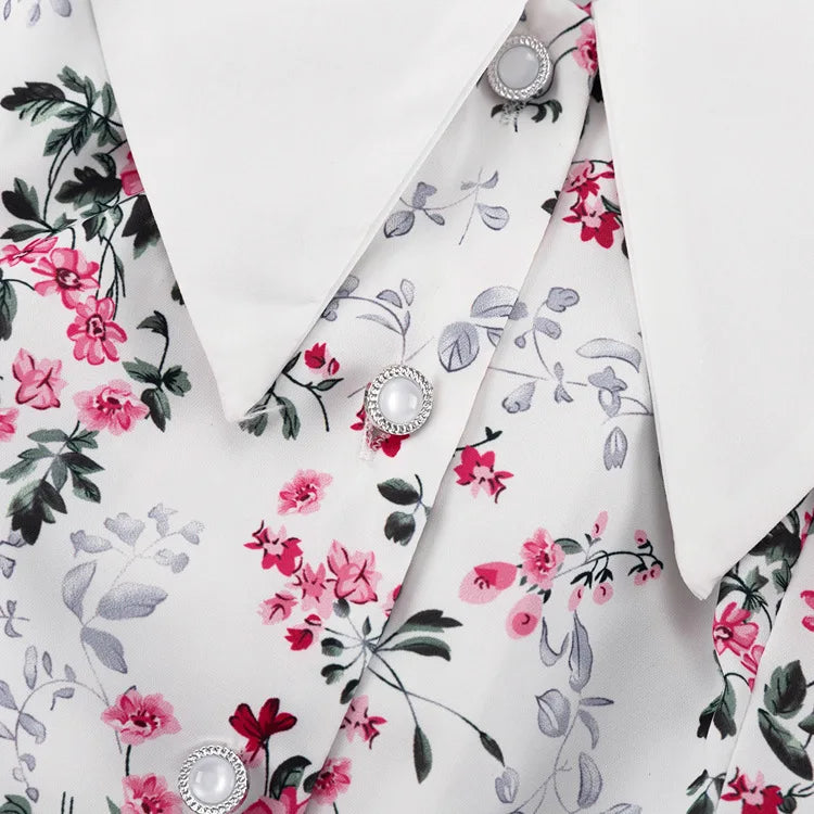 Short Sleeve Floral Mini Dress For Women Robe Turn-down Collar Elegant French Dress Ladies Fashion High Waist Dresses