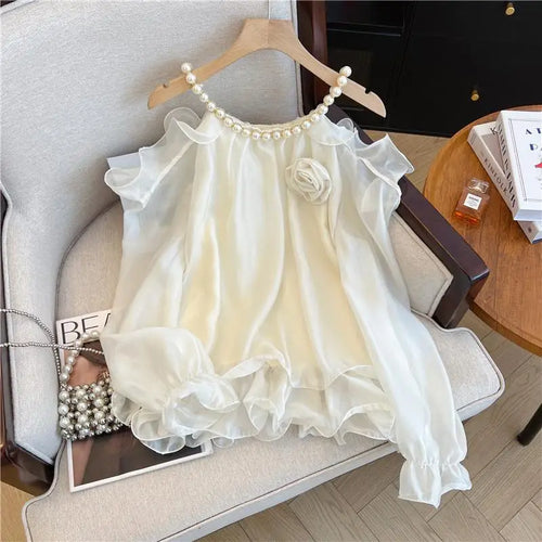 Load image into Gallery viewer, Spring Women White Flower Decorate Versatile Long Sleeve Pearls O Neck Blouse Simple Beige Off Shoulder Ruffles Shirt Clothes
