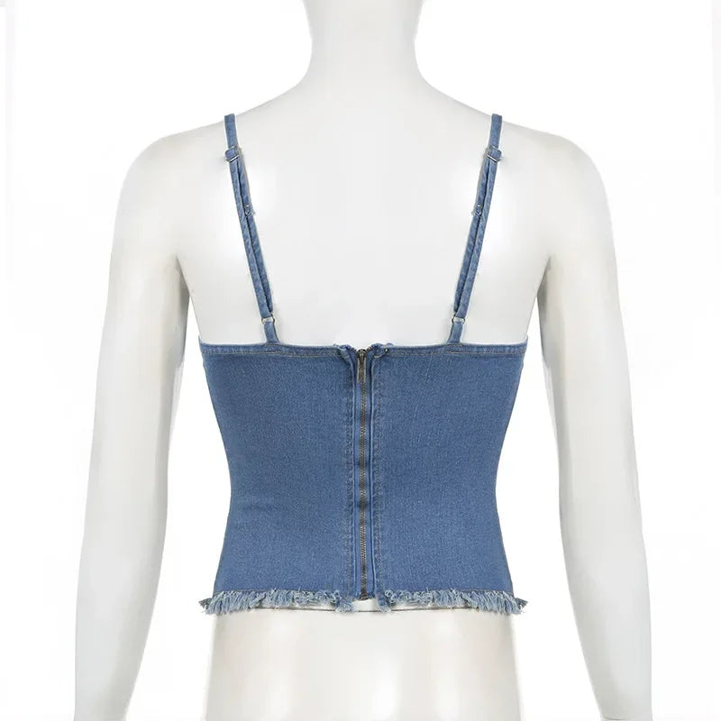 Denim Corset Bustier Top Women Bow Lace Trim Low Cut Sexy Tank Tops Tops Woman 2024 Summer High Quality P67-DD20