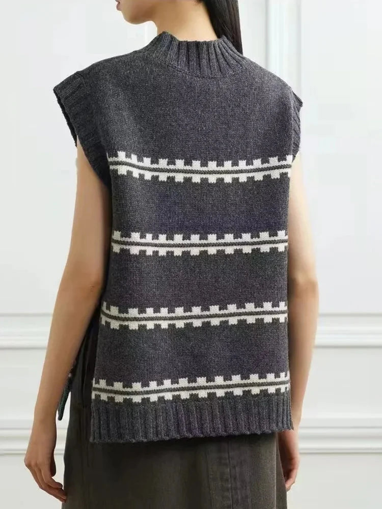 Hit Color Minimalist Loose Knitting Sweater For Women Round Neck Sleeveless Casual Chic Sweaters Female Fashion Clothing