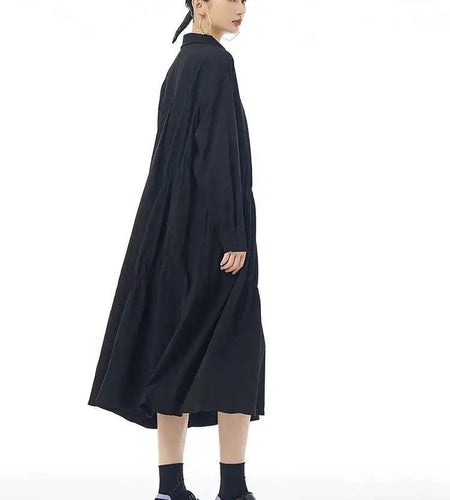 Women Coffee Pleated Spliced Big Size Midi Shirt Dress New Lapel Long Sleeve Fashion Tide Spring Autumn 2025 1DH7416