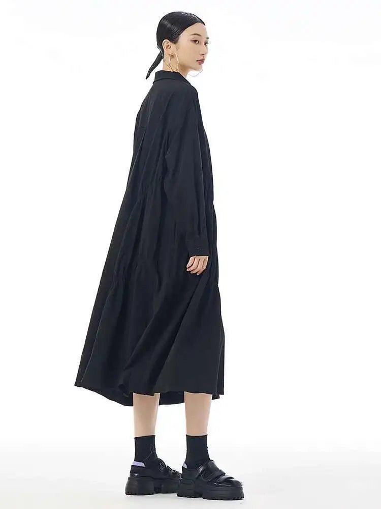 Women Coffee Pleated Spliced Big Size Midi Shirt Dress New Lapel Long Sleeve Fashion Tide Spring Autumn 2025 1DH7416