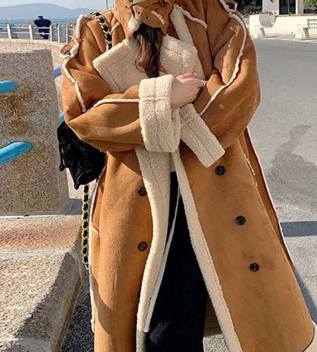 Camel Thick Big Size Long Lambswool Jacket New Stand Collar Long Sleeve Women Coat Fashion Tide Autumn Winter 2025 1DH8605