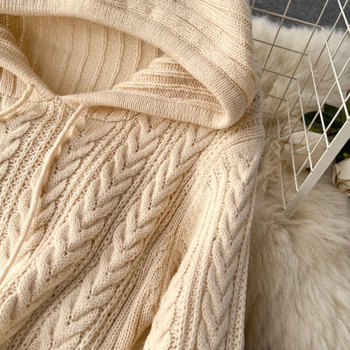 Load image into Gallery viewer, Retro Black Long-sleeved Party Sweater Midi Dress Autumn Winter Hooded Loose Women's Beige Elegant Twists Knitted Hip Wrap Dress
