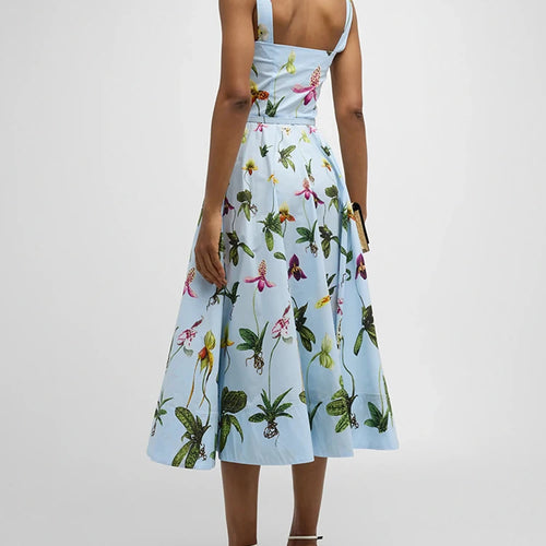 Load image into Gallery viewer, Floral Printing Spliced Belt Dresses For Women Square Collar Sleeveless High Waist Elegant A Line Long Dress Female Style
