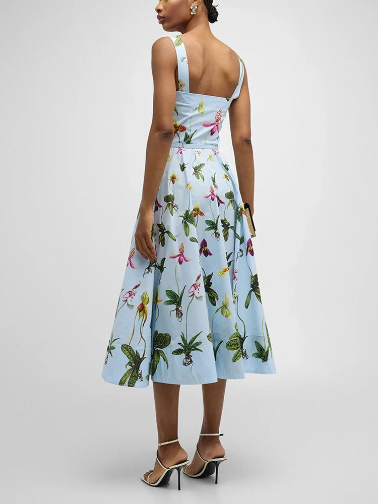 Floral Printing Spliced Belt Dresses For Women Square Collar Sleeveless High Waist Elegant A Line Long Dress Female Style