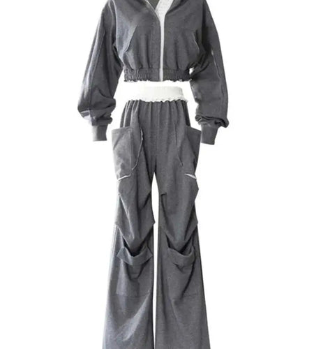 Gray Sweatshirt Color-block Long Pants Two Piece Suit New Hooded Long Sleeve Women Fashion Tide Spring Autumn 2025 7AB8037