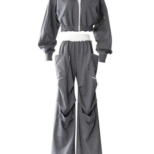 Load image into Gallery viewer, Gray Sweatshirt Color-block Long Pants Two Piece Suit New Hooded Long Sleeve Women Fashion Tide Spring Autumn 2025 7AB8037
