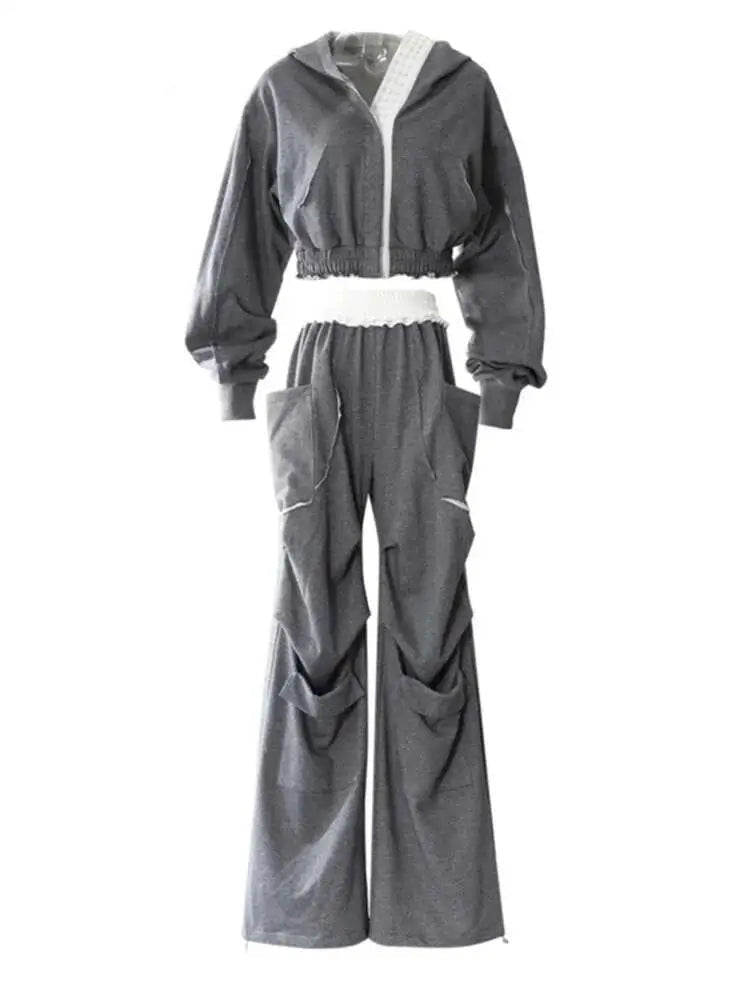 Gray Sweatshirt Color-block Long Pants Two Piece Suit New Hooded Long Sleeve Women Fashion Tide Spring Autumn 2025 7AB8037