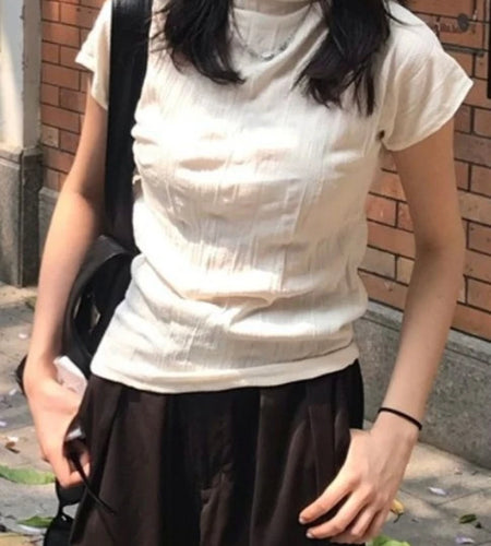 Y2k Aesthetic Half High Collar Vintage Tees Streetwear Casual Solid Fairy Pleated Tshirts Women Harajuku Grunge Slim Fit Tops