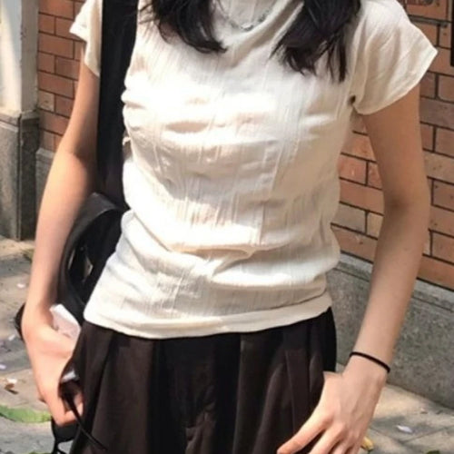 Load image into Gallery viewer, Y2k Aesthetic Half High Collar Vintage Tees Streetwear Casual Solid Fairy Pleated Tshirts Women Harajuku Grunge Slim Fit Tops
