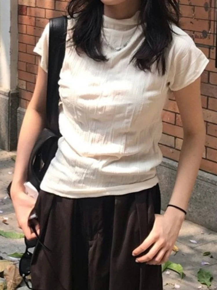 Y2k Aesthetic Half High Collar Vintage Tees Streetwear Casual Solid Fairy Pleated Tshirts Women Harajuku Grunge Slim Fit Tops