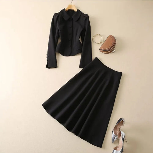 Load image into Gallery viewer, Solid Two  Piece Set for Women Stand Neck Long Sleeve Tunic Coat High Waist Slim Skirt Chic Sets Female Fashion
