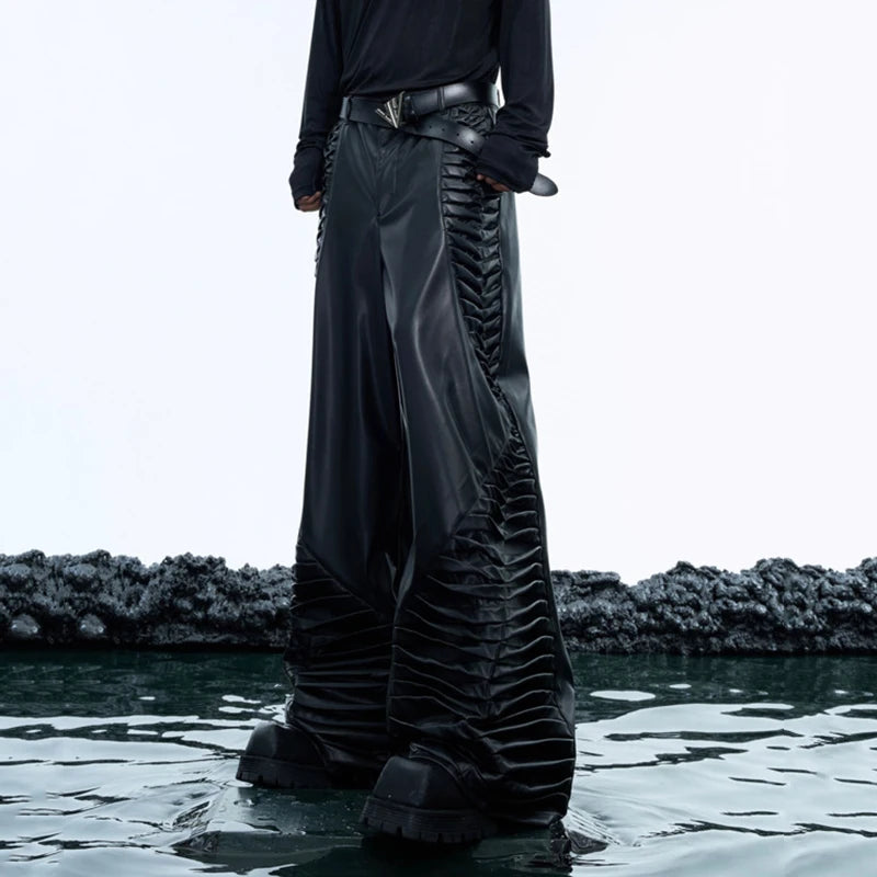 Pu Leather Pants Men Straight Wide Leg Trousers Side Three-dimensional Spine Creasing Design 2025 Spring Male 24E5172