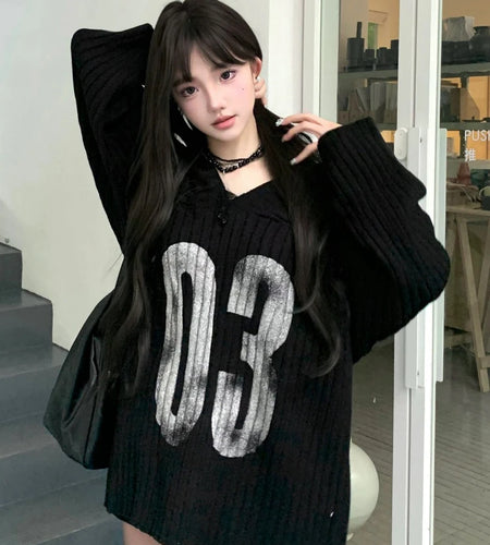 Casual Grunge Harajuku Knitted Sweaters 2025 Off Shoulder Black Letter Printing Jumpers Y2k Aesthetic Vintage Loose Pullovers