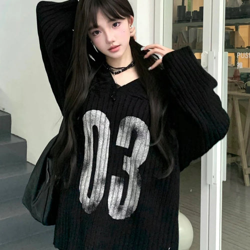 Load image into Gallery viewer, Casual Grunge Harajuku Knitted Sweaters 2025 Off Shoulder Black Letter Printing Jumpers Y2k Aesthetic Vintage Loose Pullovers

