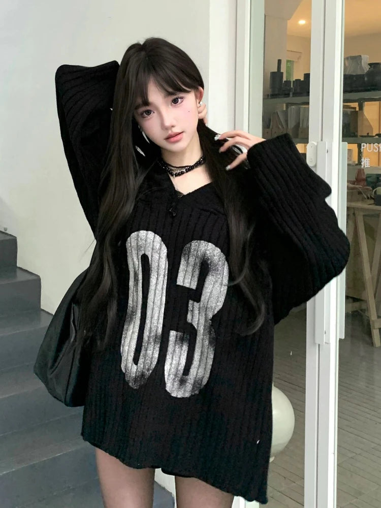 Casual Grunge Harajuku Knitted Sweaters 2025 Off Shoulder Black Letter Printing Jumpers Y2k Aesthetic Vintage Loose Pullovers