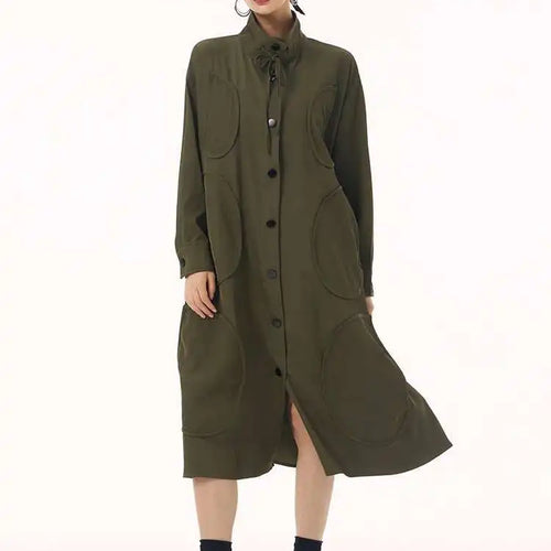 Load image into Gallery viewer, Women Army Green Patch Drawstring Big Size Midi Dress New Stand Collar Long Sleeve Fashion Tide Spring Autumn 2025 1DH9211
