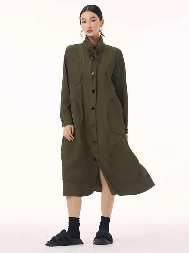 Women Army Green Patch Drawstring Big Size Midi Dress New Stand Collar Long Sleeve Fashion Tide Spring Autumn 2025 1DH9211