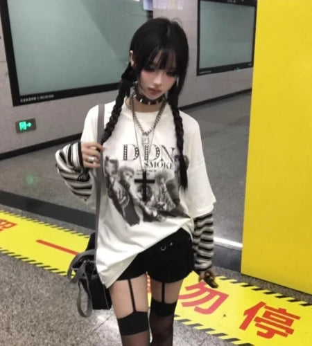 Harajuku T Shirts Women Y2k Tops Contrast Color Fake Two Camisetas Japanese Tees Casual Chic Oversized Tshirts 2024 Ropa Mujer