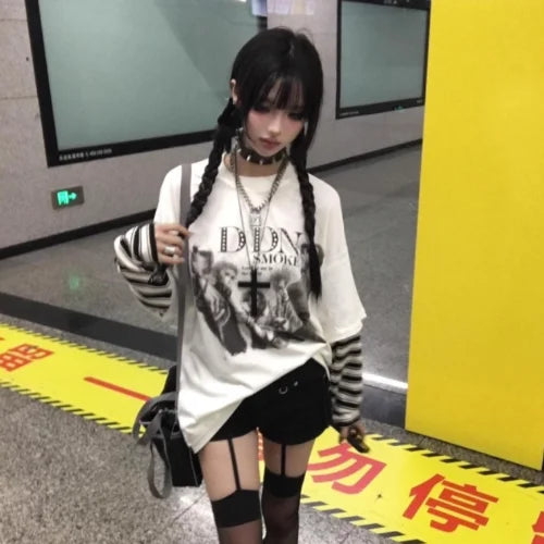 Load image into Gallery viewer, Harajuku T Shirts Women Y2k Tops Contrast Color Fake Two Camisetas Japanese Tees Casual Chic Oversized Tshirts 2024 Ropa Mujer
