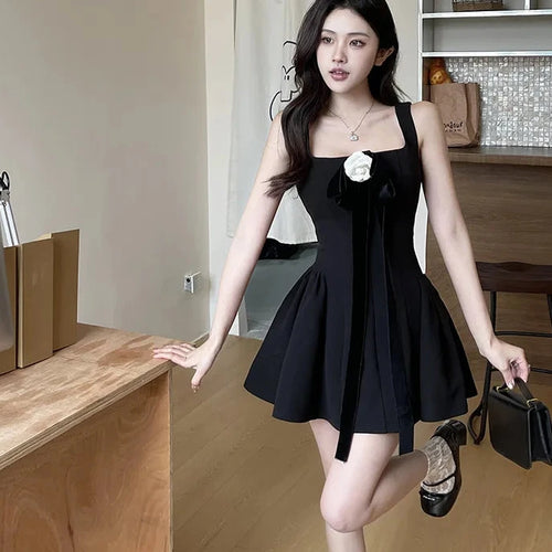 Load image into Gallery viewer, Bow Floral-applique Square Neck Sleeveless A Line Short Dresses for Women Princess Black Party Dress Y2k Girls P98EE39
