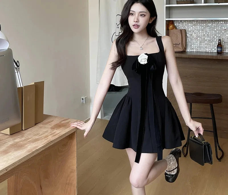 Bow Floral-applique Square Neck Sleeveless A Line Short Dresses for Women Princess Black Party Dress Y2k Girls P98EE39