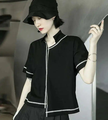 Women Black Line Stitch Irregular Big Size T-shirt New V-collar Short Sleeve  Fashion Tide  Spring Summer 2025 1X004