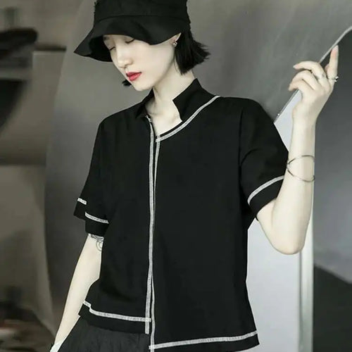 Load image into Gallery viewer, Women Black Line Stitch Irregular Big Size T-shirt New V-collar Short Sleeve  Fashion Tide  Spring Summer 2025 1X004
