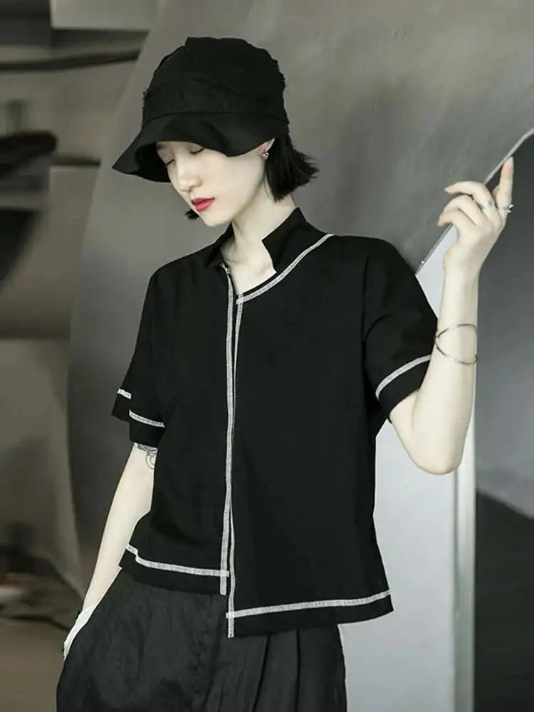Women Black Line Stitch Irregular Big Size T-shirt New V-collar Short Sleeve  Fashion Tide  Spring Summer 2025 1X004