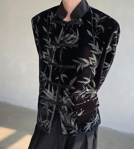 Men's Suit Coat New Spring  Embroidered Bamboo Design Leaf Chinese Style Knot Button Single Breasted Male Clothing 9W1698