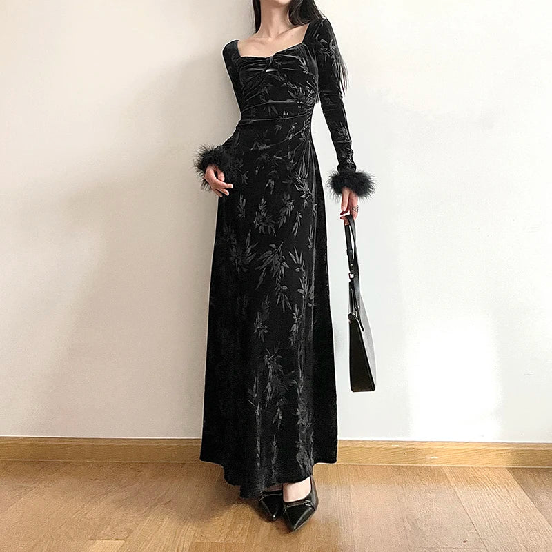 Fashion Elegant Jacquard Winter Dress Velour Faux Fur Trim A-Line Black Party Dress Evening Ladies Clothing Fold Slim