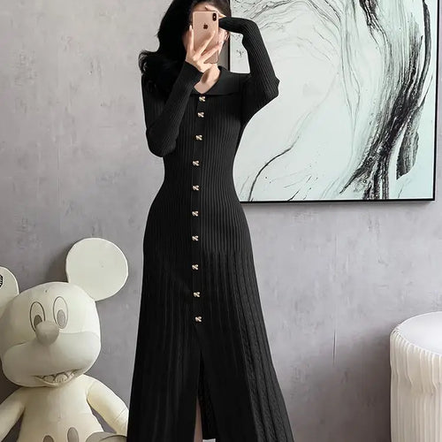 Load image into Gallery viewer, Autumn 2024 New Women's Black Beige Single Breasted Knitted Long Dress Green Elegant Office Lady Long Sleeve Pleated Dress Trend
