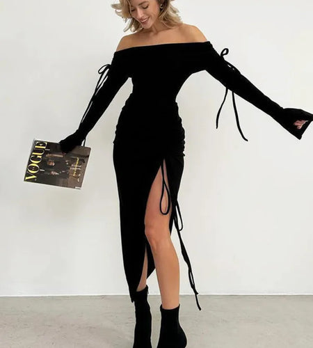 Fashion Long Sleeve High Elasticity Tight Split Lace Dress For Women 2025 Sexy Single Shoulder Spliced Drawstring  Dress
