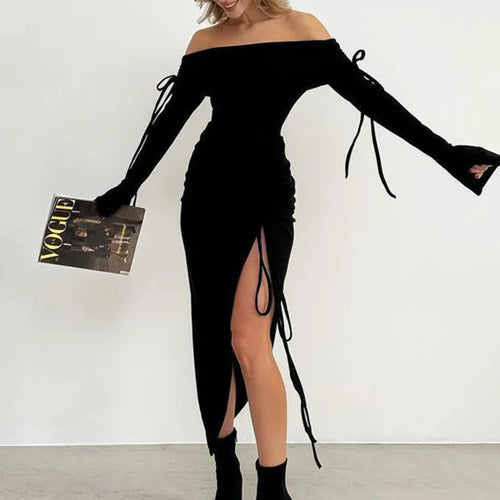 Load image into Gallery viewer, Fashion Long Sleeve High Elasticity Tight Split Lace Dress For Women 2025 Sexy Single Shoulder Spliced Drawstring  Dress
