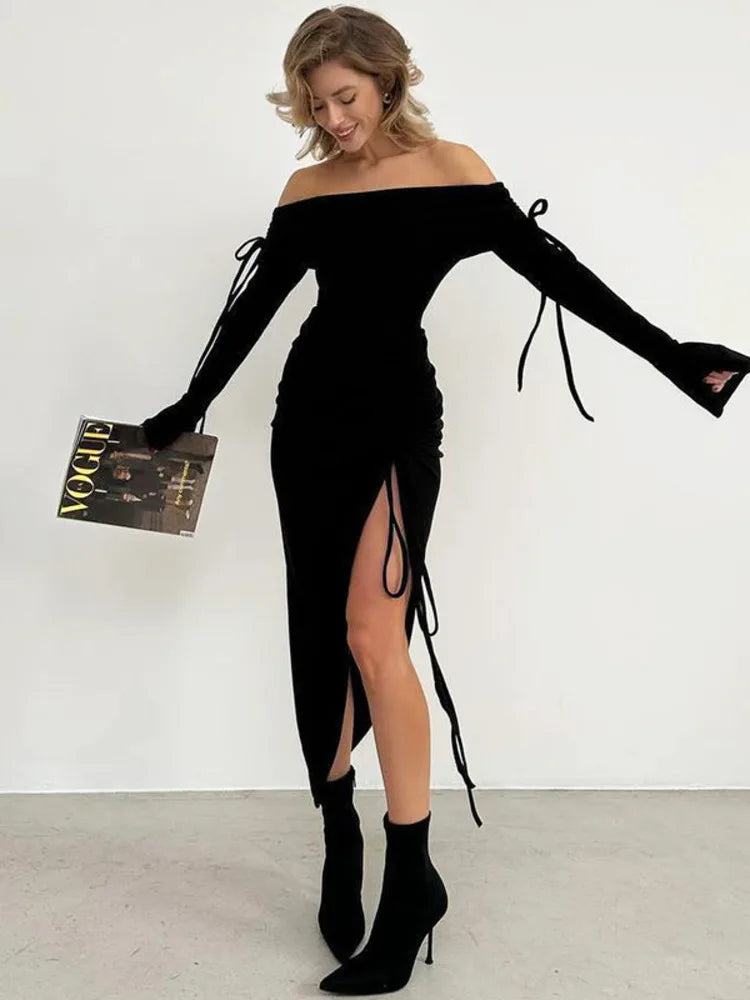 Fashion Long Sleeve High Elasticity Tight Split Lace Dress For Women 2025 Sexy Single Shoulder Spliced Drawstring  Dress