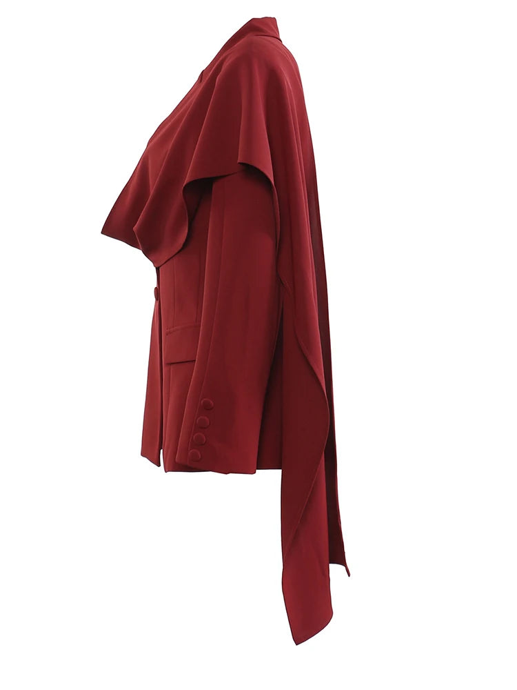 Women Red Irregular Scarf Spliced Elegant Blazer New Lapel Long Sleeve Jacket Fashion Tide Spring Autumn 2025 CPDB330