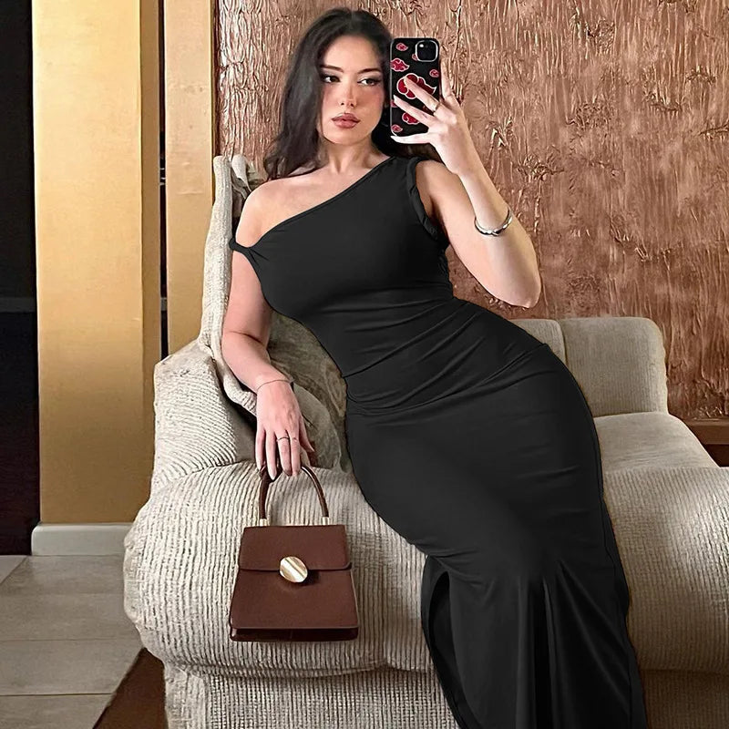 Inclined Shoulder Backless Slit Maxi Dress For Women Fashion Diagonal Collar Sleeveless Bodycon Sexy Long Dress Elegant