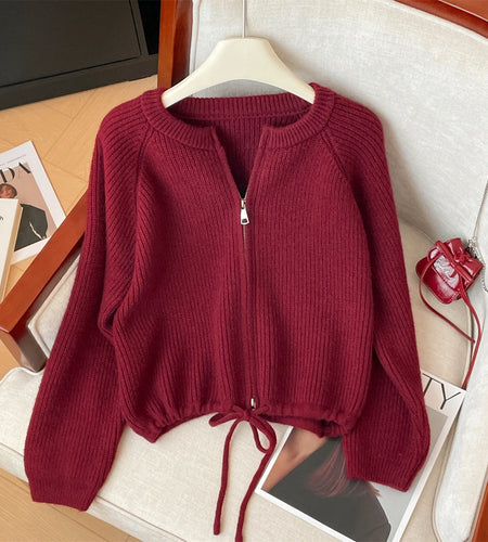 Korean Autumn Winter Beige Grey Long Sleeves Zipper Knit Sweater Women Red Drawstring Round Neck Versatile Short Cardigan Tops